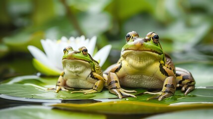 Two frogs are sitting on a lily pad in a pond. The frogs are green and brown, and the lily pad is green. The background is a blur of green leaves. - Powered by Adobe