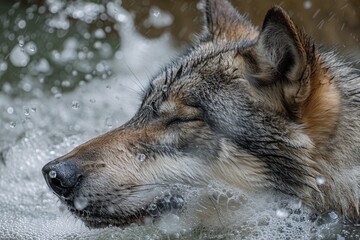 Obraz premium Close-up wolf grooming canine bath relax enjoy water soak foam bubbles wildlife nature wild big canine soap cleanse rinse splash