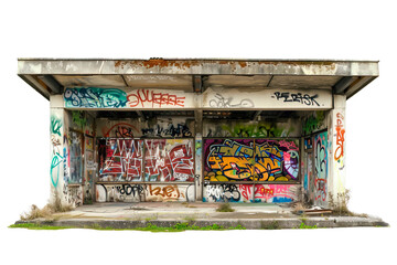 Concrete abandoned bus station full of colorful graffiti isolated over white transparent background