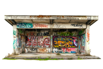 Concrete abandoned bus station full of colorful graffiti isolated over white transparent background