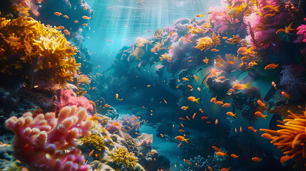 Showcase the underwater environment where submarine cables are installed, with colorful coral reefs and diverse marine life coexisting alongside the