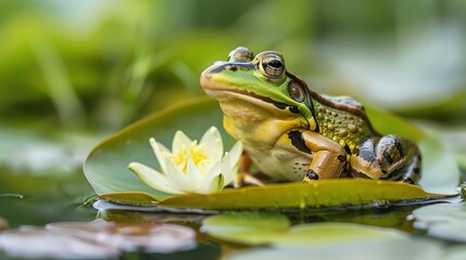 Obraz premium A beautiful green frog sits on a lily pad in a pond. The frog is looking out at the world with its big, round eyes.