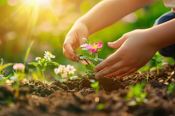 Fototapeta premium Beautiful moment of parent and child planting flowers together