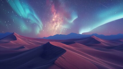 A desert landscape with surreal dunes, illuminated by a starry sky and swirling auroras in 8K...