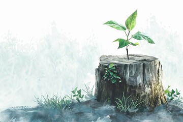 resilient rebirth young tree sprouts from weathered stump symbolizing renewal and growth concept illustration - obrazy, fototapety, plakaty
