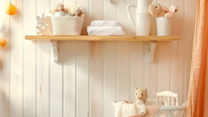 Wooden shelf holding baby items and toys in a nursery room. Concept Nursery Decor, Baby Room Organization, Wooden Shelf Display, Infant Toys, Interior Design