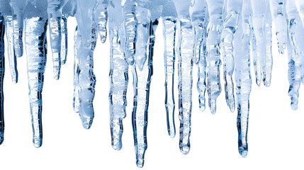 Icicles hanging from a roof in isolated on transparent background