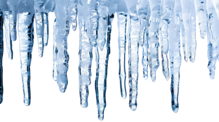 Icicles hanging from a roof in isolated on transparent background