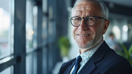 Fototapeta premium portrait of successful senior businessman consultant looking at camera and smiling inside modern office building. copy space for text.