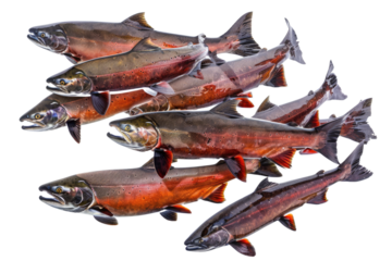 A group of beautiful red fish are swimming together. The fish are all different sizes and have different shades of red. The background is a dark blue color in isolated on transparent background