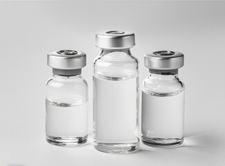 Vaccine clear glass injection vials set isolated. 3d rendering mockup. 