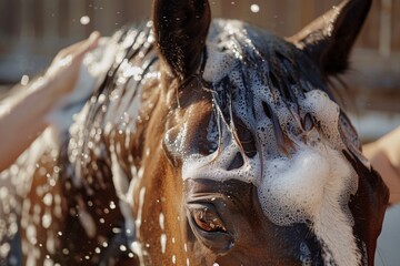 An up-close depiction of a horse enjoying a shampoo experience, with gentle colors and soothing lighting creating a calming atmosphere