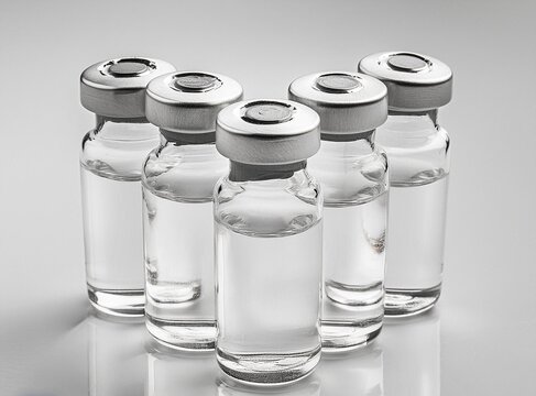 Vaccine clear glass injection vials set isolated. 3d rendering mockup. 
