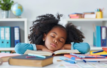 Young black girl asleep at desk during study session with books and colorful stationery - Powered by Adobe