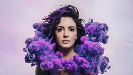 Fototapeta premium Bursting clouds of vibrant purple smoke against plain white background