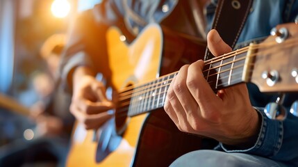 Obraz premium A close-up of a man playing an acoustic guitar. The man is wearing a blue shirt and the guitar is brown.