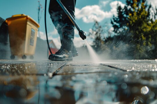 An intimate shot capturing someone power washing a dirty outdoor patio with a Karcher machine, foam spraying, promoting thoroughness and hygiene