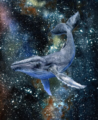 A watercolor humpback whale gracefully swimming through electric blue liquid in space