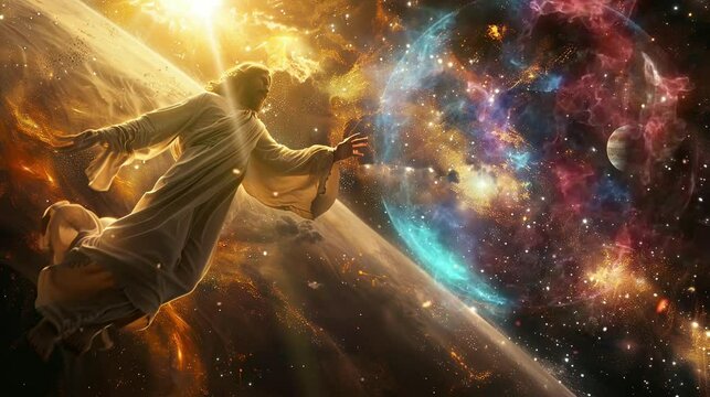 The Lord Jesus flew through space with very beautiful and amazing views. seamless looping time-lapse virtual 4K video Animation Background.