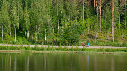 Obraz premium Equestrian sport. Harness racing. Horse race at hippodrome. Horses compete in harness racing.