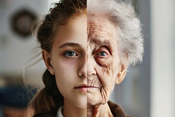 An image divided into two halves, revealing the transition from youth to old age with a young woman on one side and an aged woman on the other
