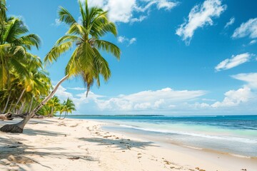 An idyllic beach scene with palm trees, white sands, and clear blue waters