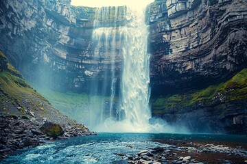 An awe-inspiring view of a majestic waterfall cascading down rocky cliffs