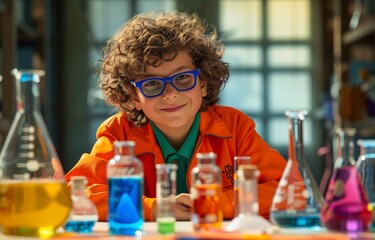 Young boy with curly hair and glasses in science lab setting, surrounded by colorful chemistry equipment