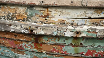 Aged wooden boat surface detailed with cracked and peeling paint in a palette of sea-worn hues
