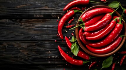 Red hot chili peppers in bowl on wooden background, spicy ingredient for cooking and seasoning