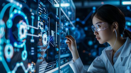 A female scientist in a white lab coat focused on analyzing data on a computer screen.