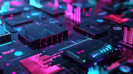 Close-up of a detailed neon circuit board with red and blue lighting. Futuristic digital display with glowing financial graphs and diagrams, abstract 3D illustration.