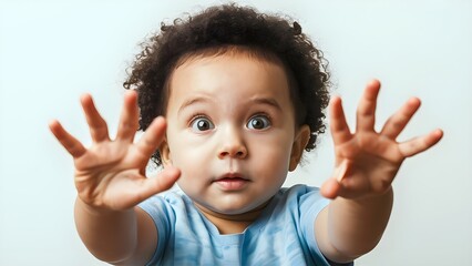 Curious child with wide eyes and hands reaching out against plain white background