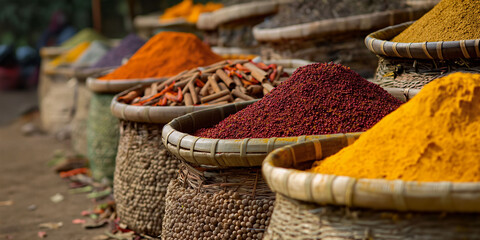 Fototapeta premium Banner of spice market In Maroco. A line of people in vibrant traditional costumes harvest spices and herbs. A typical scene in African markets. Spices for Indian, Asian and Mexican food