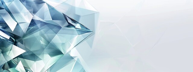 Abstract white background with triangular shapes, crystal clear glass and light blue colors, high resolution, hyper realistic in the style of various artists. - obrazy, fototapety, plakaty