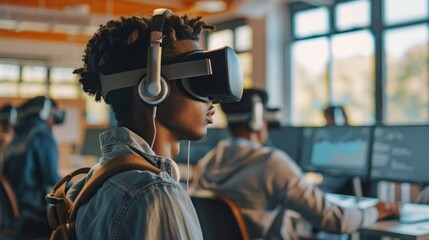 A man wearing a virtual headset, immersed in a virtual reality experience.