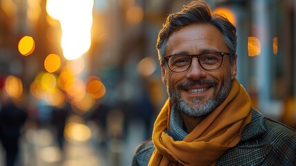 Fototapeta premium Man wearing glasses and a yellow scarf, captured against a backdrop of golden hour city lights, exuding warmth and charisma