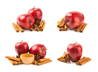 Apples with cinnamon isolated on white background. Fragrant red spiced apples with cinnamon sticks...