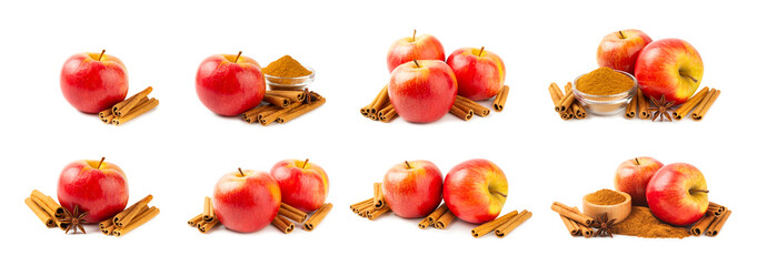 Apples with cinnamon isolated on white background. Fragrant red spiced apples with cinnamon sticks...