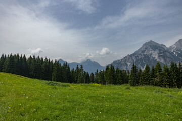 ampia visuale panoramica che mostra un ambiente naturale di montagna nel nord est Italia, visto da...