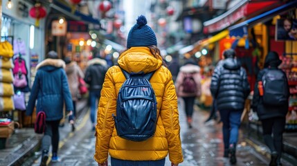 Obraz premium A solo traveler with a yellow jacket and blue backpack explores a crowded and narrow market alley on a wet day 