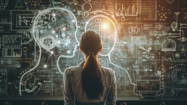 A woman stands in front of a detailed drawing of a human head, examining the intricate details.