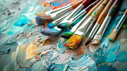Fototapeta premium Close-up of artist paintbrushes on canvas for painting inspiration and creativity