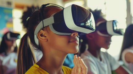 A young girl immersed in virtual reality experience while wearing a high-tech headset.