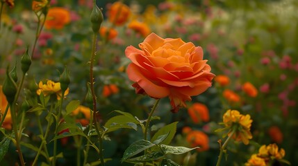 A fiery orange rose plant in full bloom, framed against a whimsical field of wildflowers. Captured in 8K resolution.