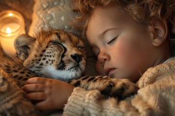 A close-up portrait of a peacefully sleeping child cradled in the arms of a snoozing cheetah cub, with soft candlelight creating a warm and cozy atmosphere, emanating love and fascination