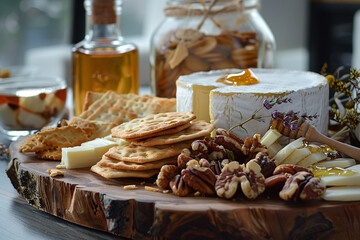 Exotic cheese platter with nuts honey and artisan crackers 