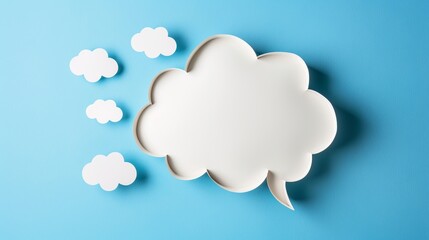 An empty white speech bubble for customization, handcrafted from cut-out paper set against a blue...