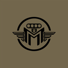 M or MM Blown Up Engine with Pipes for Car Garage Logo 