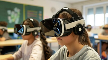 A group of children immersed in virtual reality experiences while wearing headsets in a classroom setting.